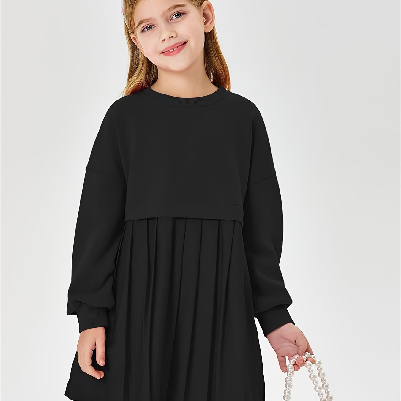 Girls Pleated Sweatshirt Dresses Kids Fashion Long Sleeve Crew Neck Mini Dress