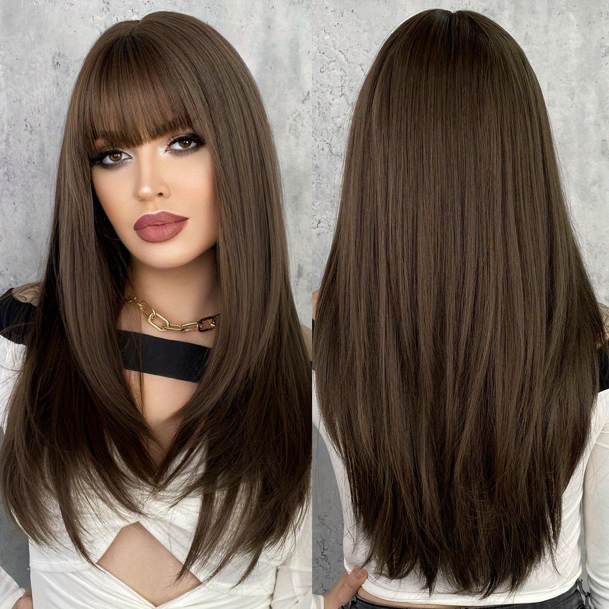 Long Straight Brown Wig For Women Daily Cosplay Use Natural Synthetic Layer Wigs With Bangs Heat Resistant High Quality