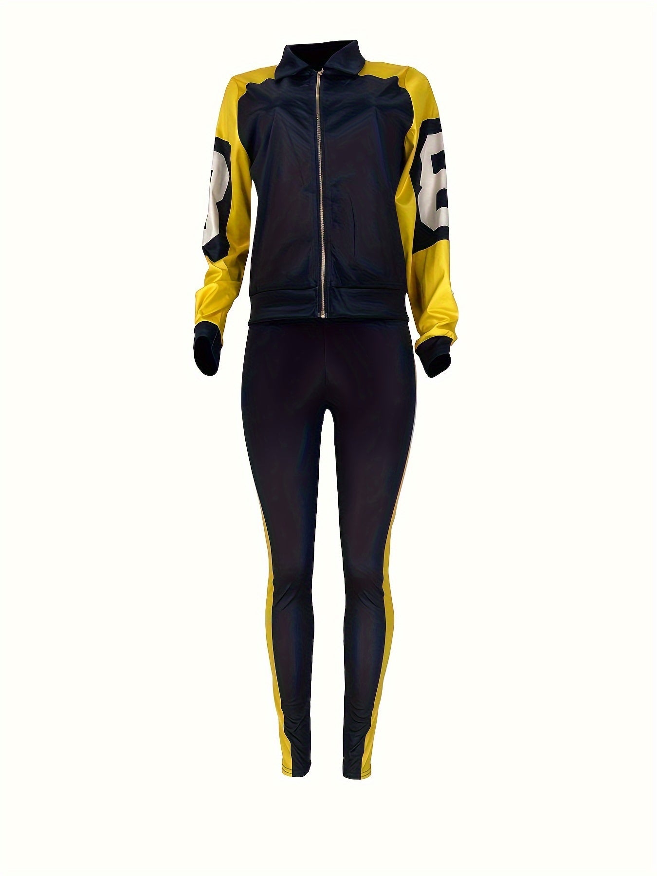 Two-piece Set, Color Block Casual Fall & Winter Outfits, Zip Up Jacket & Pants, Women's Clothing