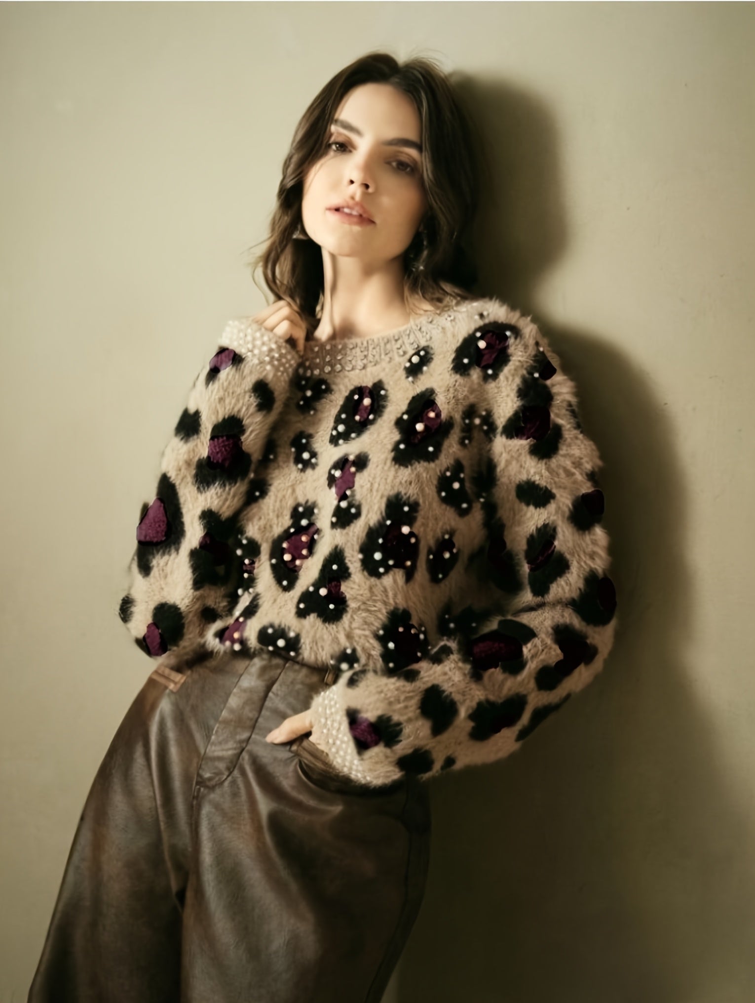 Women's Retro Leopard Print & Rhinestone Sweater - Soft Stretchy Pullover with Pearl Accents, Round Neck Long Sleeve Casual Winter Top for Fall & Winter Outfits