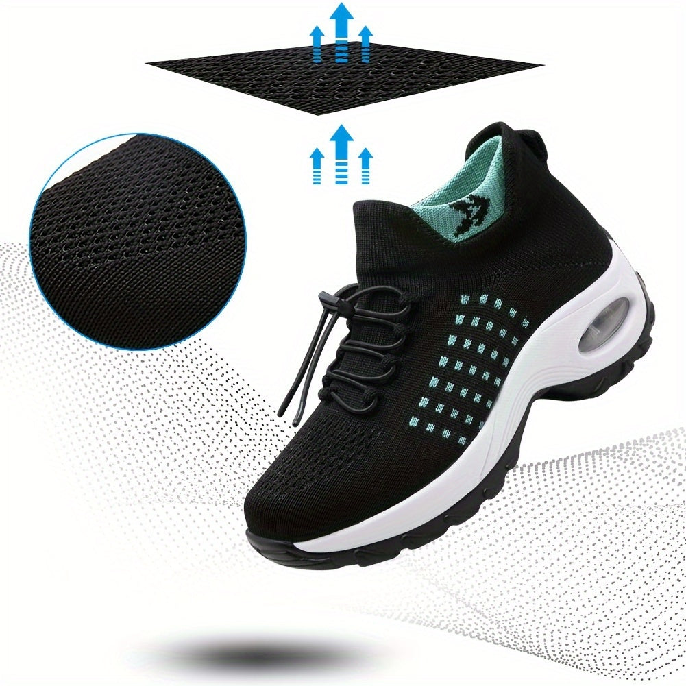 Women's Breathable Mesh Walking Shoes with Air Cushion - Comfortable Slip-On Sneakers, Black & Teal, Orthopedic Support for Nursing & Casual Wear, Ladies Shoes