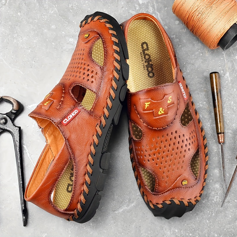 CLOHOO Mens Round Toe Sandals - Durable Handmade Stitching, Non-Slip Rubber Sole, Comfortable PU Insole, Breathable Fabric Lining, Second Layer Cowhide Upper, Slip-On Closure, Perfect for Indoor, Outdoor, Beach, Vacation, Spr
