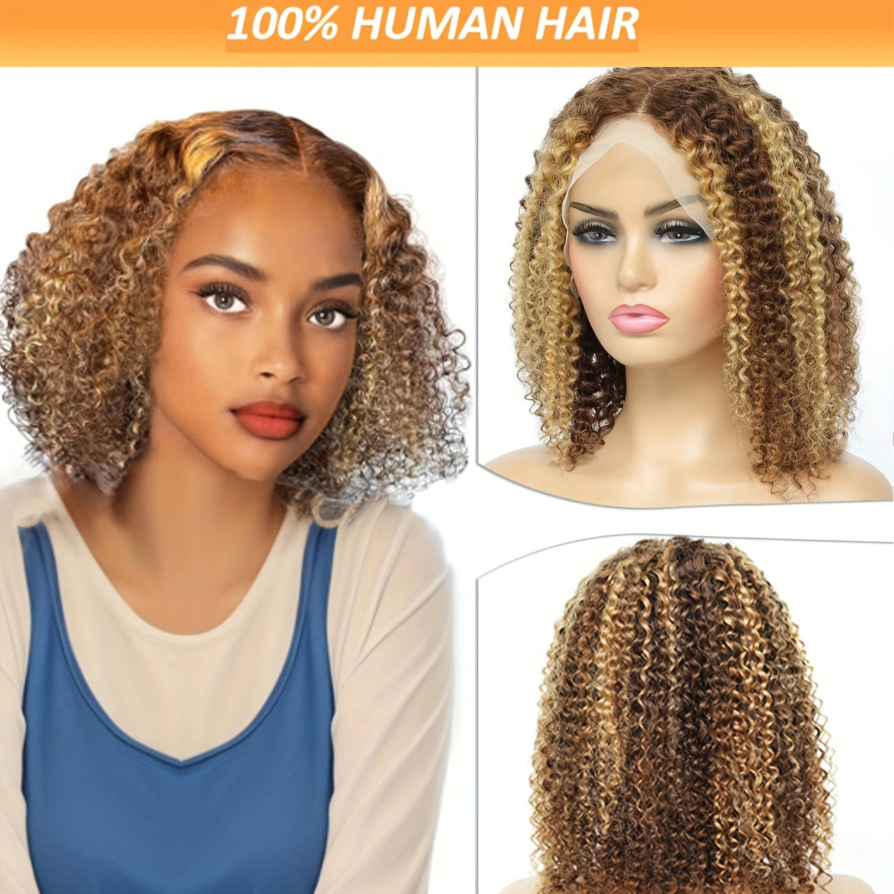 Highlight Curly Bob Wig Human Hair Wig Ombre Lace Front Wig Human Hair Curly Wig Lace Wig Deep Wave Wigs Human Hair Wigs For Women Pre Plucked Bleached Knots 180% Density