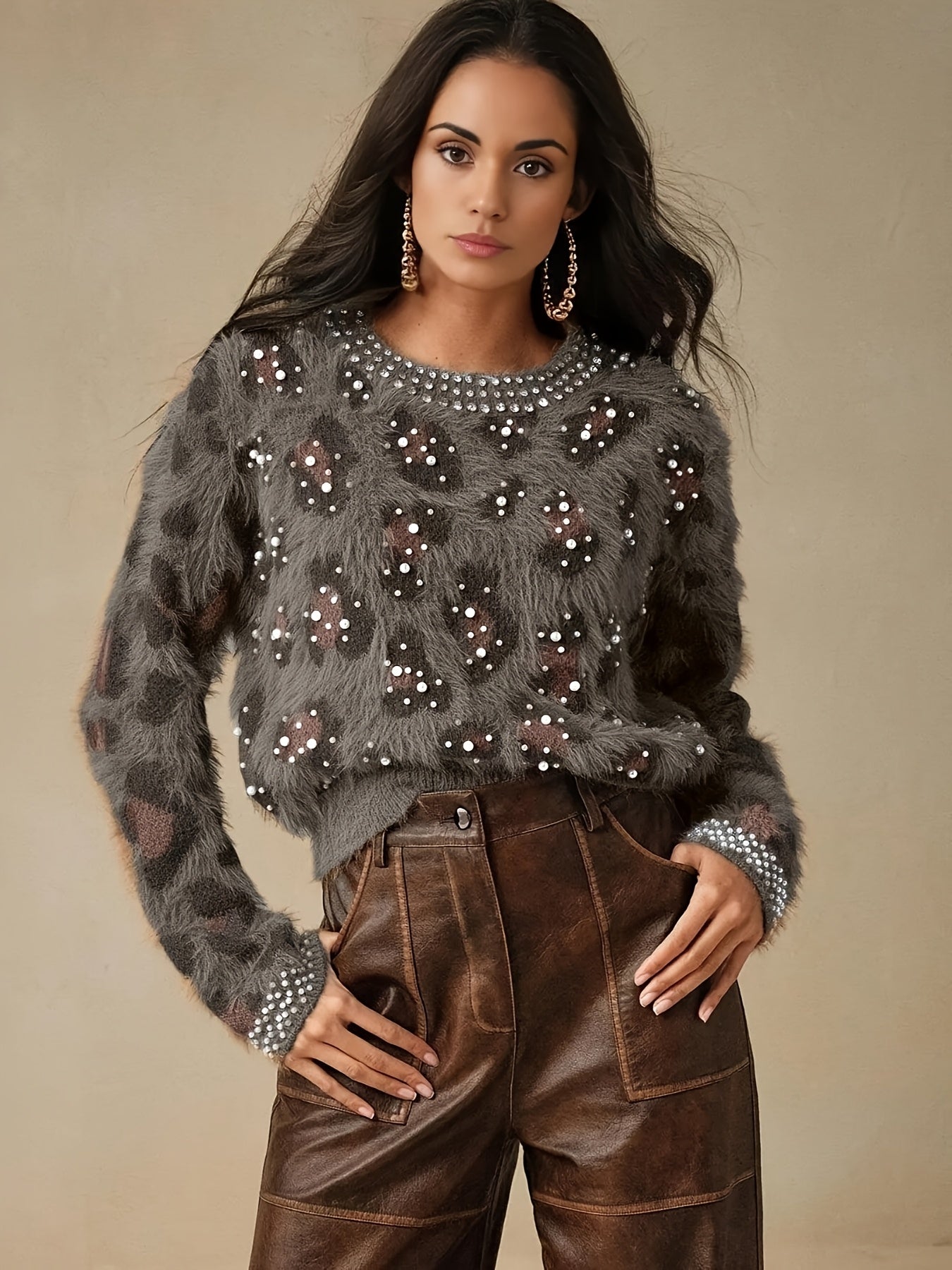 Women's Retro Leopard Print & Rhinestone Sweater - Soft Stretchy Pullover with Pearl Accents, Round Neck Long Sleeve Casual Winter Top for Fall & Winter Outfits