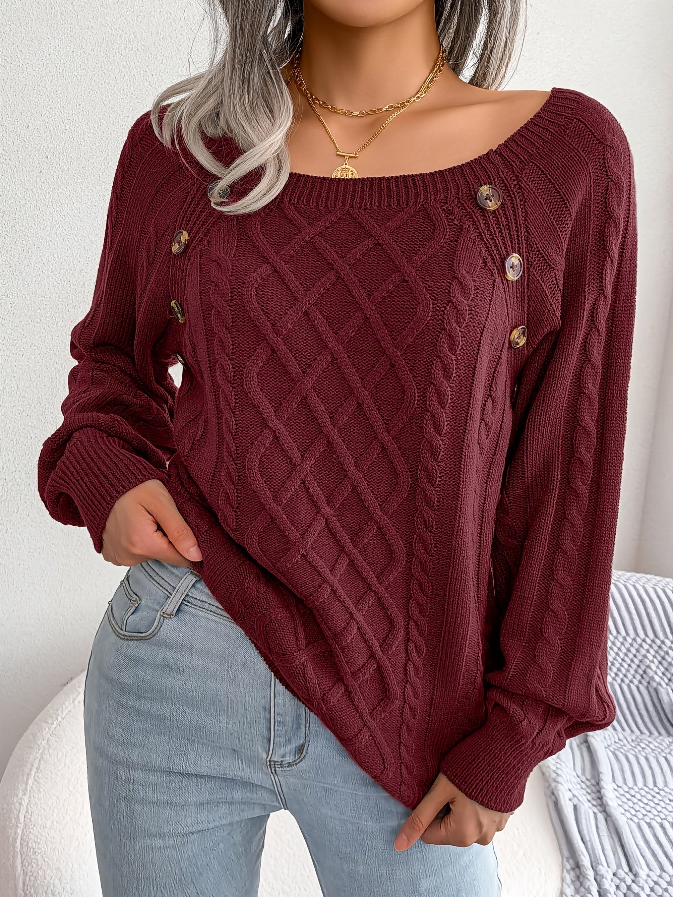 Texture Button Lantern Sleeve Sweater - Women's Round Neck Sweater