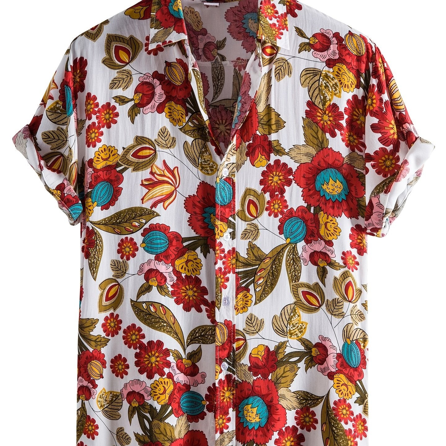 Stylish Mens Floral Short Sleeve Shirt - Breathable Cotton Blend, Relaxed Fit, Lapel Collar, Button Front, Hand Washable - Perfect for Casual Summer Outings