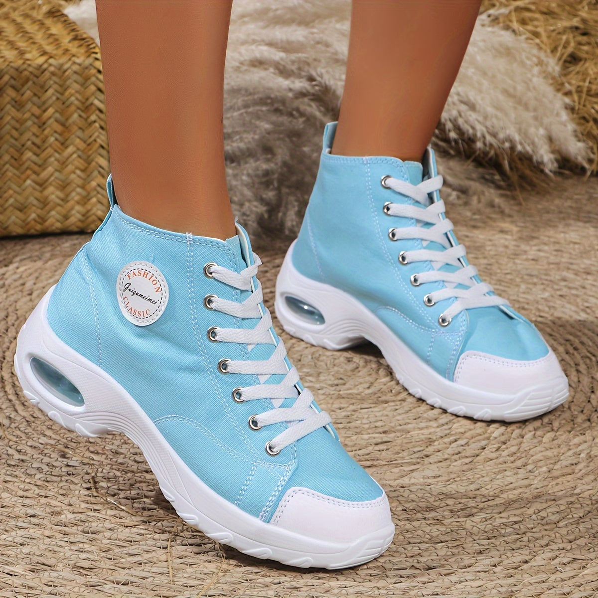[Bold Style] Women's Fashionable High-Top Walking Shoes with Air Cushion - Lightweight, Thick Sole for Height Boost, Lace-Up, Comfortable Fabric Interior, All-Season Casual Footwear, Versatile Women's Shoes|Trendy Thick Sole|