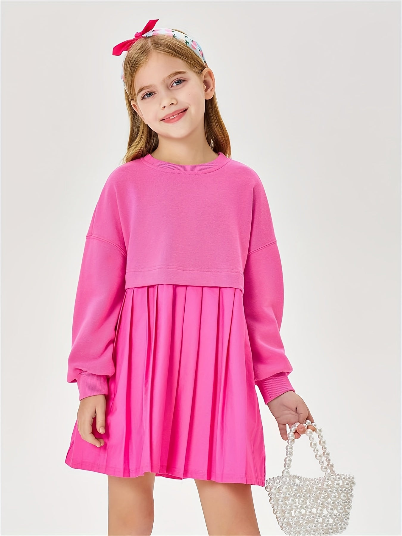 Girls Pleated Sweatshirt Dresses Kids Fashion Long Sleeve Crew Neck Mini Dress