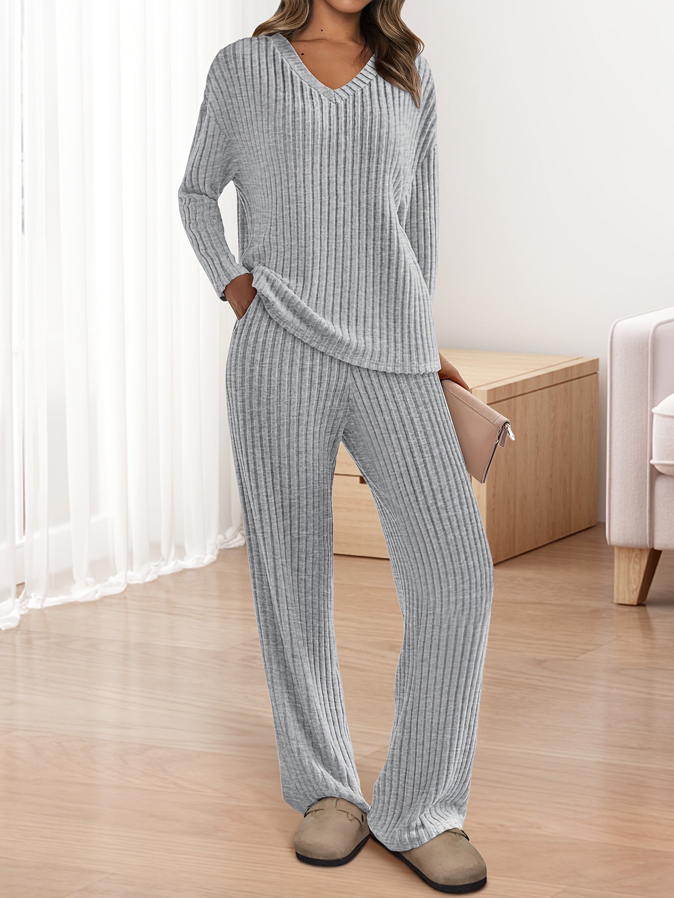[Ribbed Knit Lounge Sets] 2pcs Ribbed Knit Lounge Sets - Women's Long Sleeve V Neck Pullover Tops Wide Leg Pants for Fall Winter Outfits