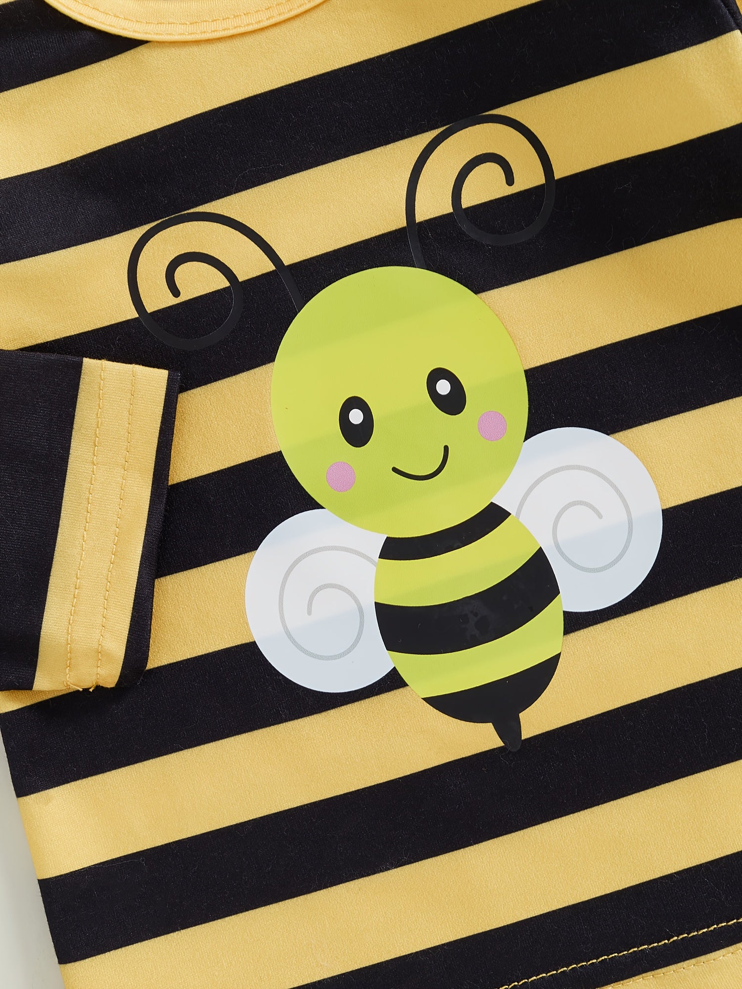 Baby Girl Fall Outfits Stripe Bee Print Long Sleeve Romper Suspender Shorts Headband 3Pcs Clothes Set 0 3 6 12 18 Months