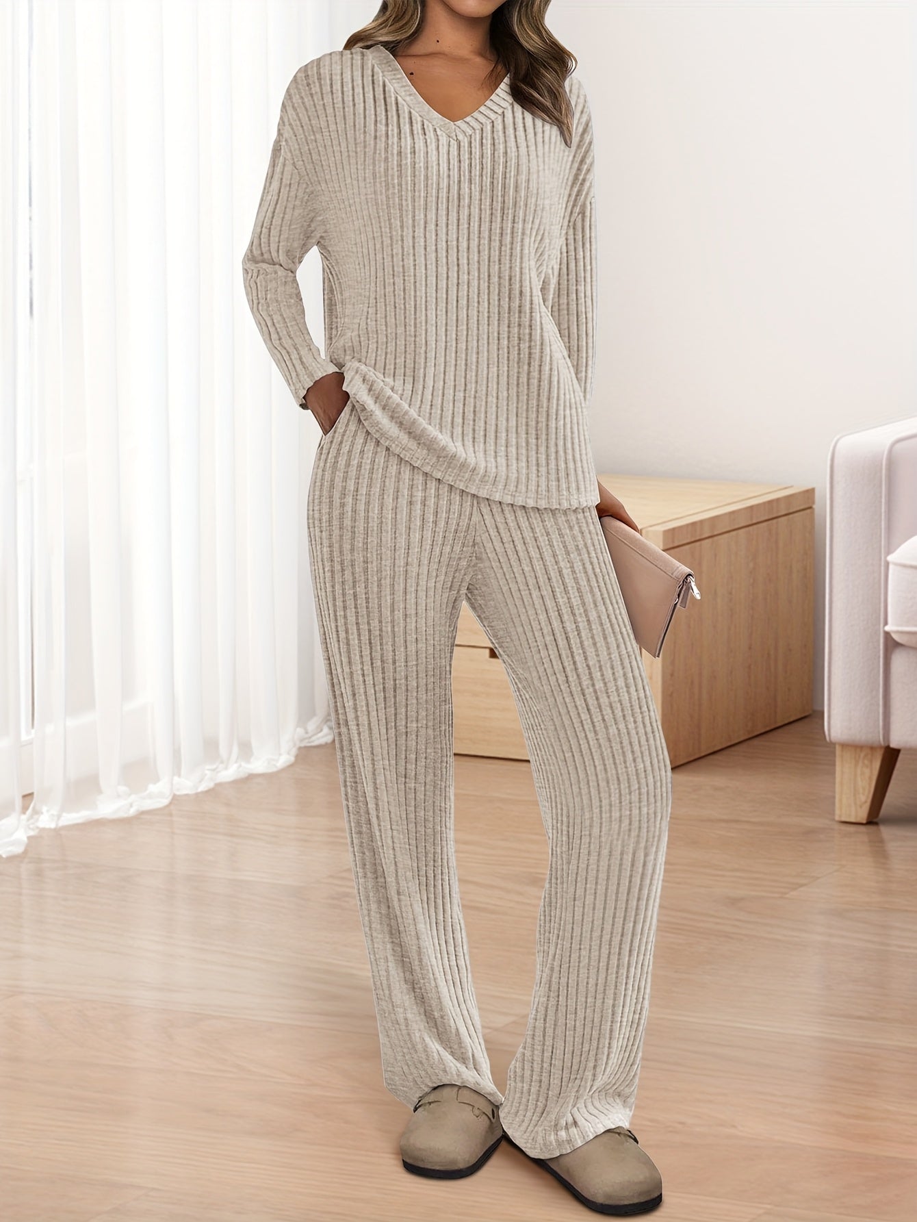 [Ribbed Knit Lounge Sets] 2pcs Ribbed Knit Lounge Sets - Women's Long Sleeve V Neck Pullover Tops Wide Leg Pants for Fall Winter Outfits