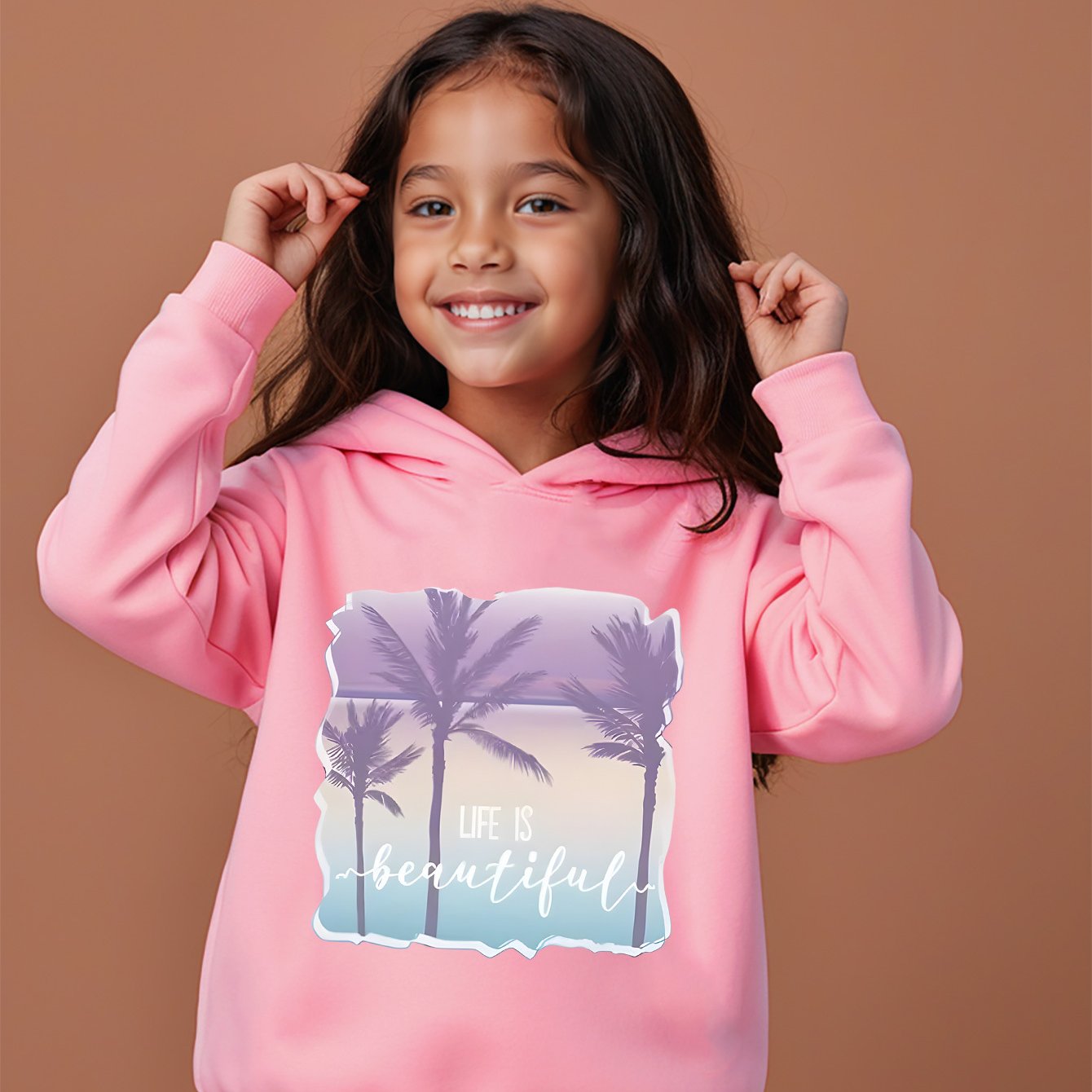 Kids' Fashion Hoodie with "Life Is Beautiful" Palm Print - Casual Knit Fabric Pullover for Ages 12 and Under, 100% Polyester, Regular Fit, Hooded, Slight Stretch, Fall/Winter Collection